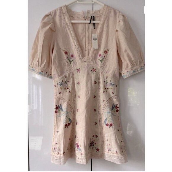 NWT Size 14-Anthro Linen Cotton Puff-Sleeve Embroidered Mini Dress (NWT US$ 228) - Picture 8 of 16